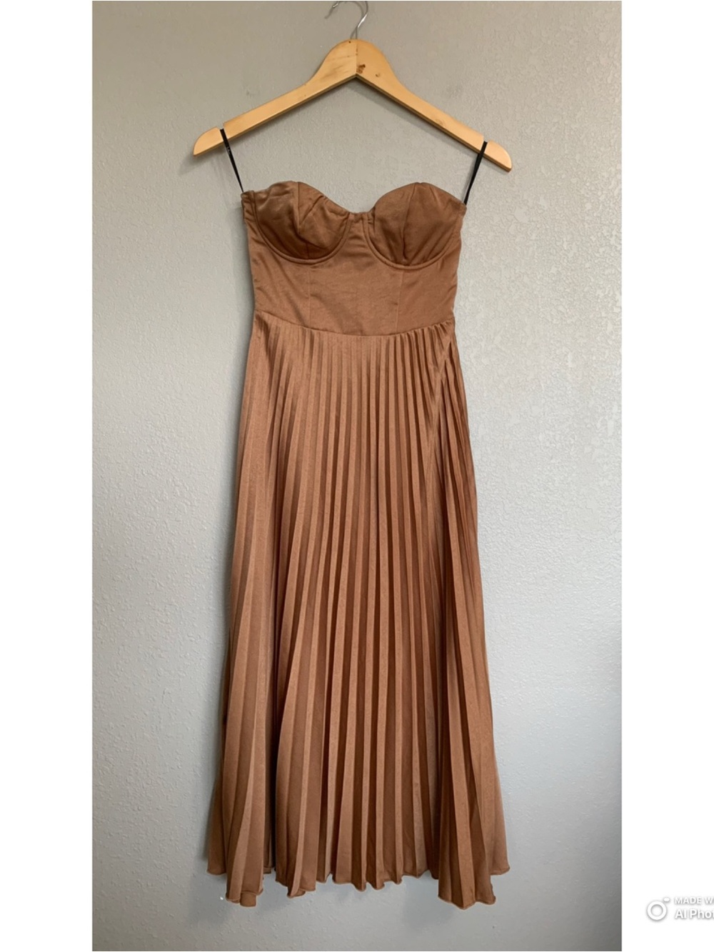 Lulu's Strapless Pleated Midi Dress in Chestnut Brown - Picture 2 of 15